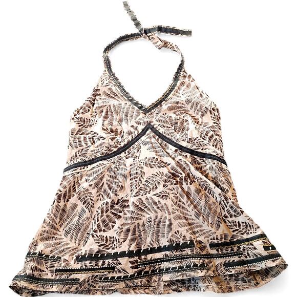Y2K Babydoll Halter Top Boho Peasant Embroidered Ribbon Trim Leaf Print Brown 16 - Picture 1 of 8